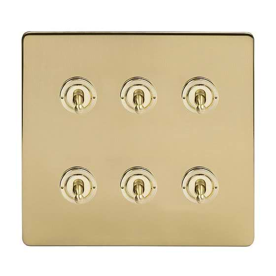 Soho Lighting Brushed Brass 6 Gang Toggle Light Switch 20A 2 Way Screwless