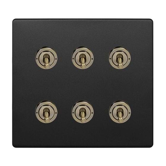 Matt Black and Antique Brass 6 Gang Toggle Switch
