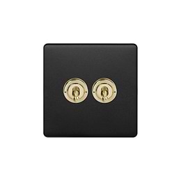 The Camden Collection Matt Black & Brushed Brass 2 Gang Retractive Toggle Switch Screwless