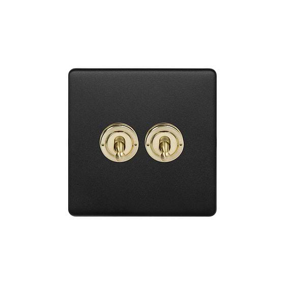 The Camden Collection Matt Black & Brushed Brass 2 Gang Retractive Toggle Switch Screwless