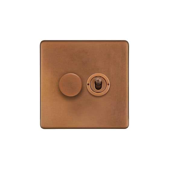 The Chiswick Collection Antique Copper 2 Gang Dimmer and Toggle Switch Combo (1x150W LED Dimmer 1x20A 2 Way Toggle)