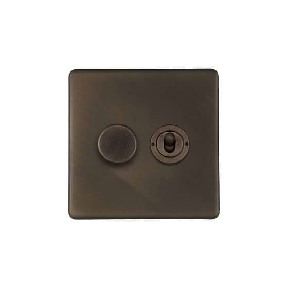 The Westminster Collection Vintage Brass 2 Gang Dimmer and Toggle Switch Combo (1 x 150W LED Dimmer 1 x 20A 2 Way Toggle)
