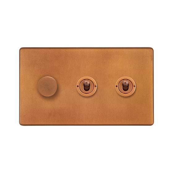 The Chiswick Collection Antique Copper 3 Gang Switch with 1 Dimmer (1x150W LED Dimmer 2x20A 2 Way Toggle)