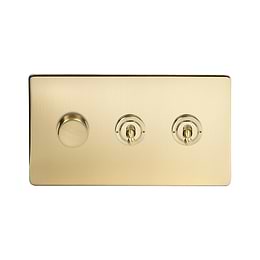 Soho Lighting Brushed Brass 3 Gang Switch with 1 Dimmer (1x150W LED Dimmer 2x20A 2 Way Toggle)