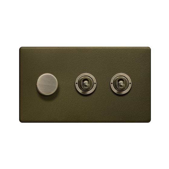 The Eton Collection Bronze 3 Gang Switch with 1 Dimmer (1x150W LED Dimmer 2x20A 2 Way Toggle)