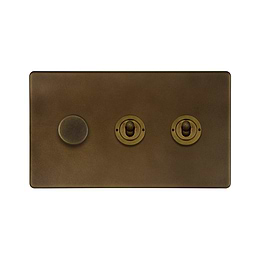 The Westminster Collection Vintage Brass 3 Gang Switch with 1 Dimmer (1 x 150W LED Dimmer 2 x 20A 2 Way Toggle)