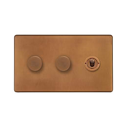 The Chiswick Collection Antique Copper 3 Gang Switch with 2 Dimmers (2x150W LED Dimmer 1x20A 2 Way Toggle)