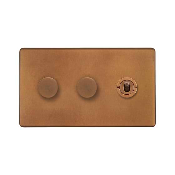 The Chiswick Collection Antique Copper 3 Gang Switch with 2 Dimmers (2x150W LED Dimmer 1x20A 2 Way Toggle)