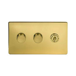 The Savoy Collection Brushed Brass 3 Gang Switch with 2 Dimmers (2x150W LED Dimmer 1x20A 2 Way Toggle)