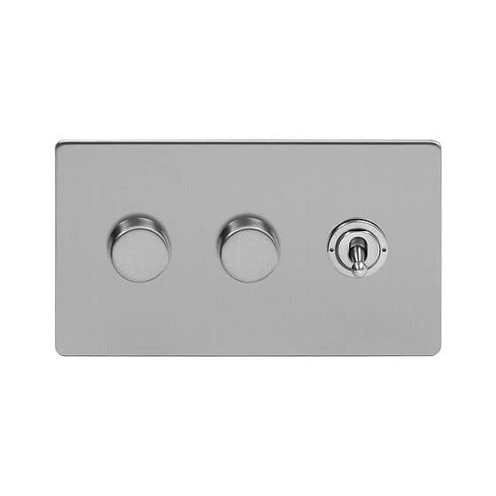 Soho Lighting Brushed Chrome 3 Gang Switch with 2 Dimmers (2x150W LED Dimmer 1x20A 2 Way Toggle)