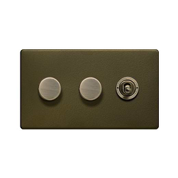 The Eton Collection Bronze 3 Gang Switch with 2 Dimmers (2x150W LED Dimmer 1x20A 2 Way Toggle)