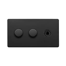 The Camden Collection Matt Black 3 Gang Switch with 2 Dimmers (2x150W LED Dimmer 1x20A 2 Way Toggle)