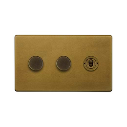 The Belgravia Collection Old Brass 3 Gang Switch with 2 Dimmers (2 x 150W LED Dimmer 1 x 20A 2 Way Toggle)