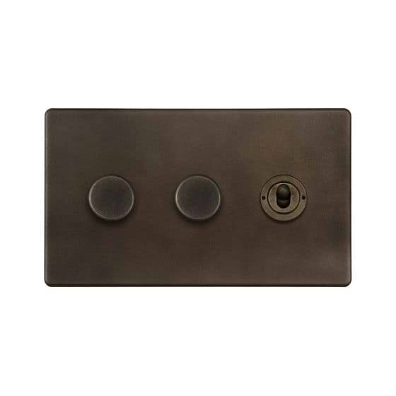 The Westminster Collection Vintage Brass 3 Gang Switch with 2 Dimmers (2 x 150W LED Dimmer 1 x 20A 2 Way Toggle)