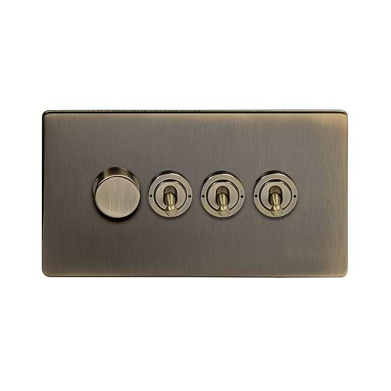 Soho Lighting Antique Brass 4 Gang Switch with 1 Dimmer (1x150W LED Dimmer 3x20A 2 Way Toggle)