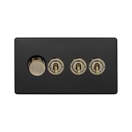Soho Lighting Matt Black and Antique Brass 4 Gang Switch with 1 Dimmer (1x150W LED Dimmer 3x20A 2 Way Toggle)