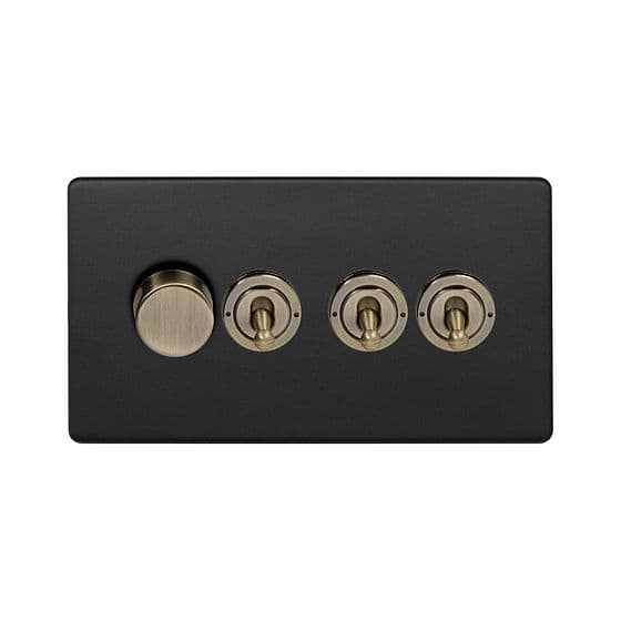 Soho Lighting Matt Black and Antique Brass 4 Gang Switch with 1 Dimmer (1x150W LED Dimmer 3x20A 2 Way Toggle)