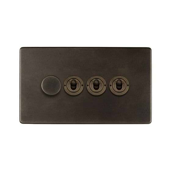 The Westminster Collection Vintage Brass 4 Gang Switch with 1 Dimmer (1 x 150W LED Dimmer 3 x 20A 2 Way Toggle)