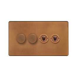 The Chiswick Collection Antique Copper 4 Gang Switch with 2 Dimmers (2x150W LED Dimmer 2x20A 2 Way Toggle)