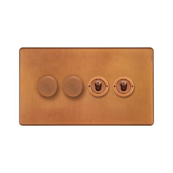 The Chiswick Collection Antique Copper 4 Gang Switch with 2 Dimmers (2x150W LED Dimmer 2x20A 2 Way Toggle)