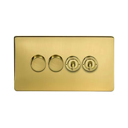 The Savoy Collection Brushed Brass 4 Gang Switch with 2 Dimmers (2x150W LED Dimmer 2x20A 2 Way Toggle)