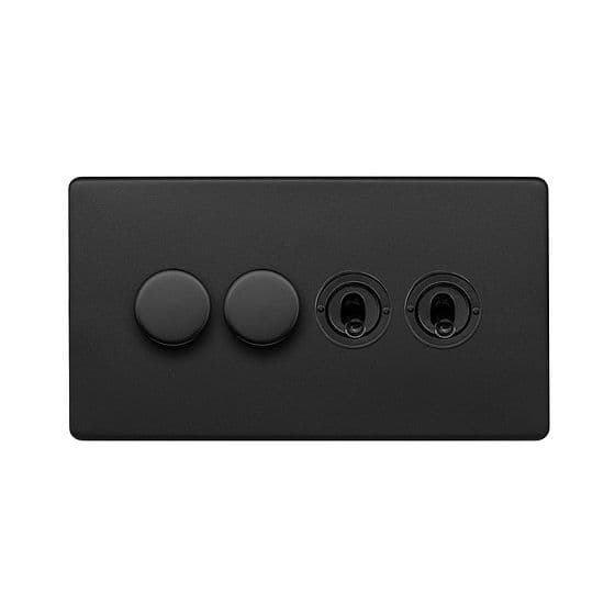 The Camden Collection Matt Black 4 Gang Switch with 2 Dimmers (2x150W LED Dimmer 2x20A 2 Way Toggle)
