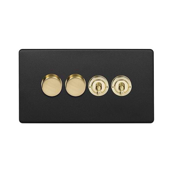 The Camden Collection Matt Black & Brushed Brass 4 Gang Switch with 2 Dimmers (2x150W LED Dimmer 2x20A 2 Way Toggle)