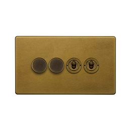 The Belgravia Collection Old Brass 4 Gang Switch with 2 Dimmers (2x150W LED Dimmer 2x20A 2 Way Toggle)