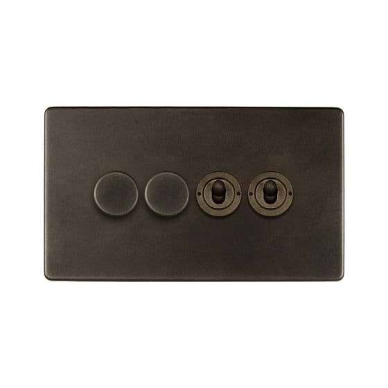The Westminster Collection Vintage Brass 4 Gang Switch with 2 Dimmers (2 x 150W LED Dimmer 2 x 20A 2 Way Toggle)