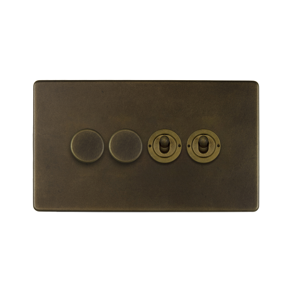The Westminster Collection Vintage Brass 4 Gang Switch with 2 Dimmers (2 x 150W LED Dimmer 2 x 20A 2 Way Toggle)