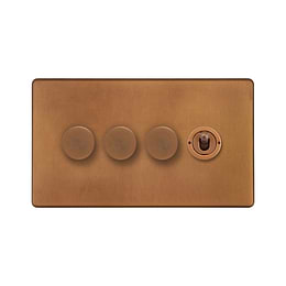 The Chiswick Collection Antique Copper 4 Gang Switch with 3 Dimmers (3x150W LED Dimmer 1x20A 2 Way Toggle)