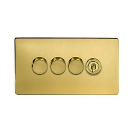 The Savoy Collection Brushed Brass 4 Gang Switch with 3 Dimmers (3x150W LED Dimmer 1x20A 2 Way Toggle)