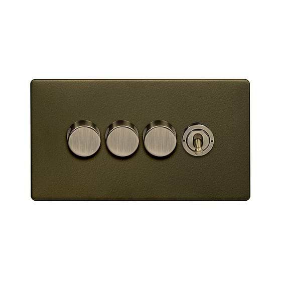 The Eton Collection Bronze 4 Gang Switch with 3 Dimmers (3x150W LED Dimmer 1x20A 2 Way Toggle)