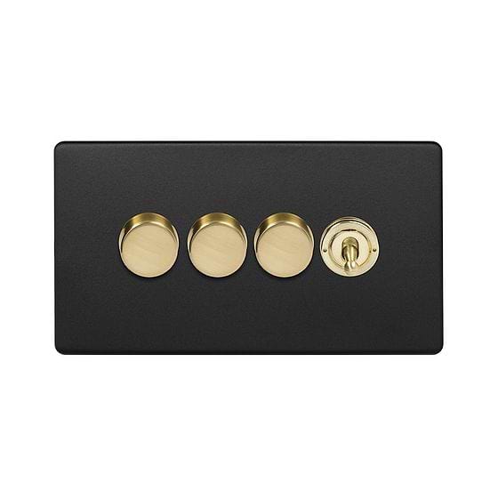 The Camden Collection Matt Black & Brushed Brass 4 Gang Switch with 3 Dimmers (3x150W LED Dimmer 1x20A 2 Way Toggle)