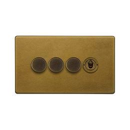 The Belgravia Collection Old Brass 4 Gang Switch with 3 Dimmers (3x150W LED Dimmer 1x20A 2 Way Toggle)