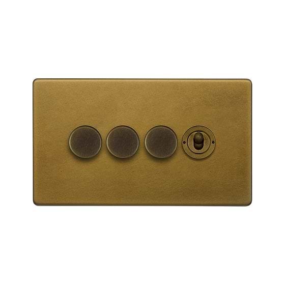 The Belgravia Collection Old Brass 4 Gang Switch with 3 Dimmers (3x150W LED Dimmer 1x20A 2 Way Toggle)
