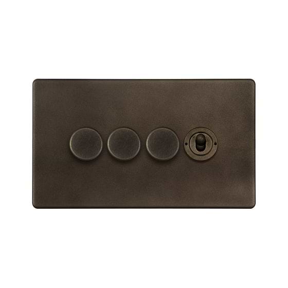 The Westminster Collection Vintage Brass 4 Gang Switch with 3 Dimmers (3 x 150W LED Dimmer 1 x 20A 2 Way Toggle)