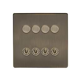The Charterhouse Collection 8 Gang Dimmer & Toggle Combo 4x150W LED Dimmer 4x20A Toggle  Antique Brass