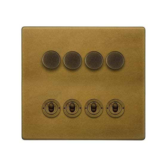 The Belgravia Collection Old Brass 8 Gang Dimmer & Toggle Combo 4 x 150W LED Dimmer 4 x 20A Toggle 