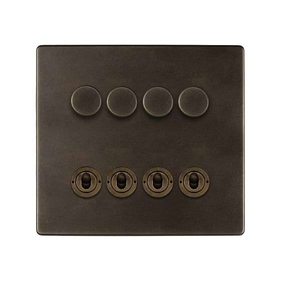 The Westminster Collection Vintage Brass 8 Gang Dimmer & Toggle Combo 4 x 150W LED Dimmer 4 x 20A Toggle