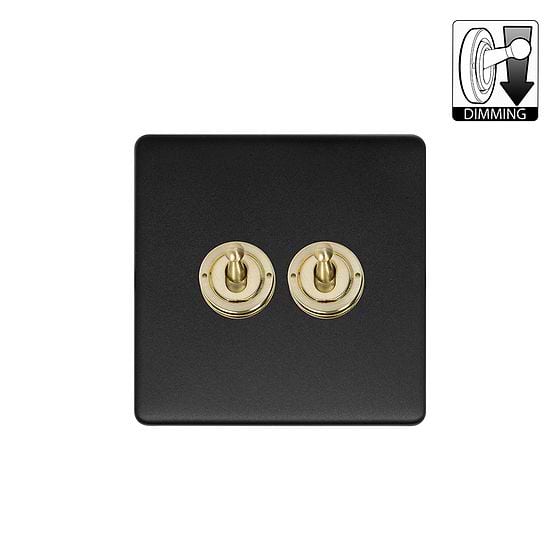 Matt Black and Brass 2 Gang Dimming Toggle Switch
