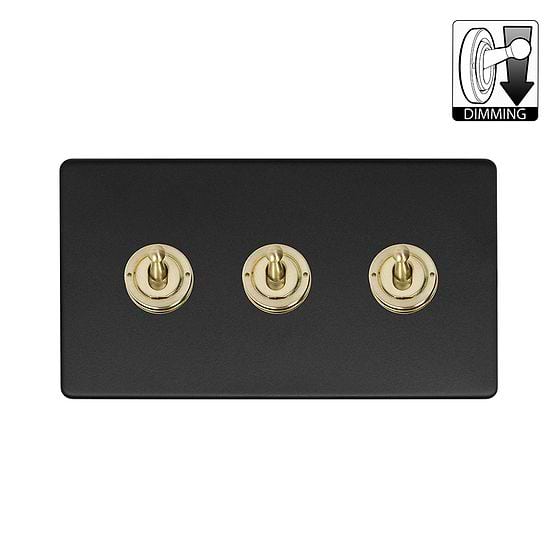 Matt Black and Brass 3 Gang Dimming Toggle Switch