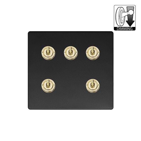 Matt Black and Brass 5 Gang Dimming Toggle Switch
