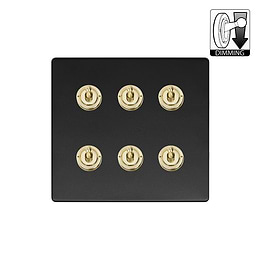 Matt Black and Brass 6 Gang Dimming Toggle Switch
