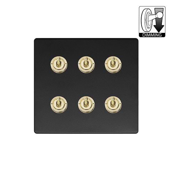 Matt Black and Brass 6 Gang Dimming Toggle Switch
