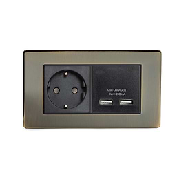 The Charterhouse Collection 2 Gang European Schuko Socket with USB Screwless Antique Brass