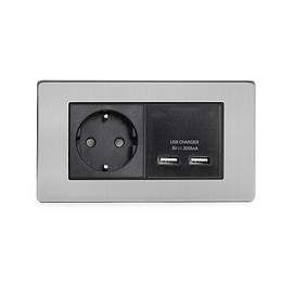 The Lombard Collection Brushed Chrome 2 Gang European Schuko Socket with USB Blk Ins Screwless