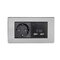 The Lombard Collection Brushed Chrome 2 Gang European Schuko Socket with USB Blk Ins Screwless