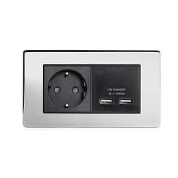 The Finsbury Collection Polished Chrome 2 Gang European Schuko Socket with USB Blk Ins Screwless