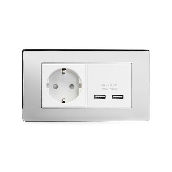 The Finsbury Collection Polished Chrome 2 Gang European Schuko Socket with USB Wht Ins Screwless